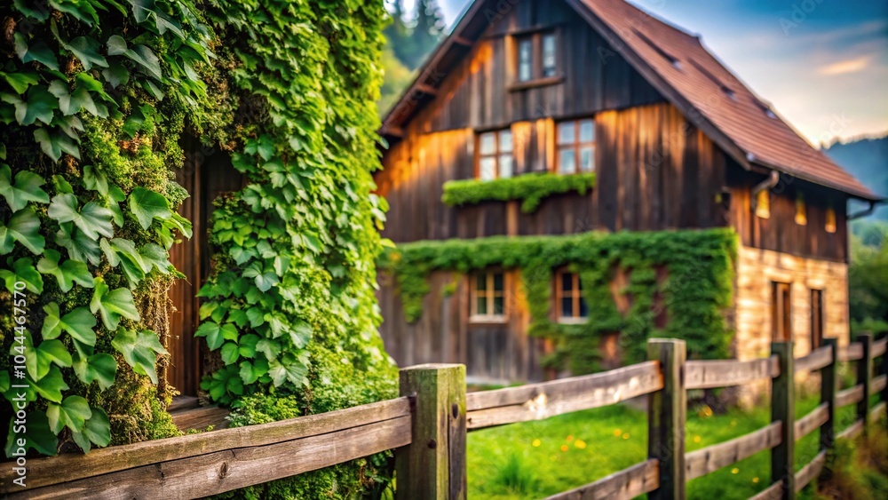 Rustic farmhouse with ivy fence growing along facade Rustic farmhouse with ivy fence growing along facade