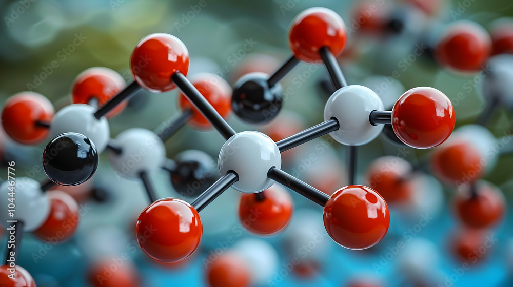 Obraz premium 3D Molecular Structure Illustration with Red, White, and Black Spheres Connected by Black Rods