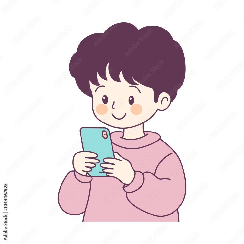 Cute Boy Cartoon Character Playing Gadget with Smile Expression Cute Boy Cartoon Character Playing Gadget with Smile Expression