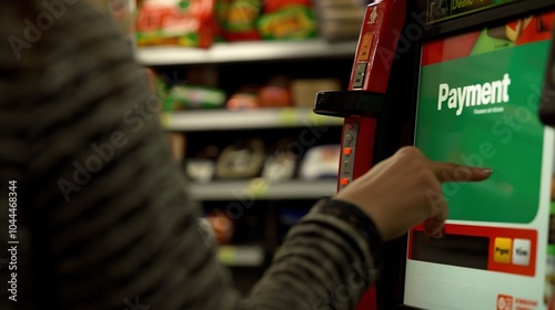 Close-up of an automated self-checkout machine in a convenience store. Technology, retail,efficiency, future, unmanned cashier, user experience, fast food restaurant, pharmacy,unmanned store photo