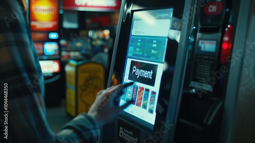 Close-up of an automated self-checkout machine in a convenience store. Technology, retail,efficiency, future, unmanned cashier, user experience, fast food restaurant, pharmacy,unmanned store photo