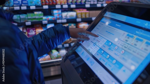 Close-up of an automated self-checkout machine in a convenience store. Technology, retail,efficiency, future, unmanned cashier, user experience, fast food restaurant, pharmacy,unmanned store photo