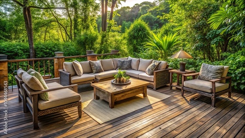 Rustic patio furniture on house deck with vegetation Silhouette