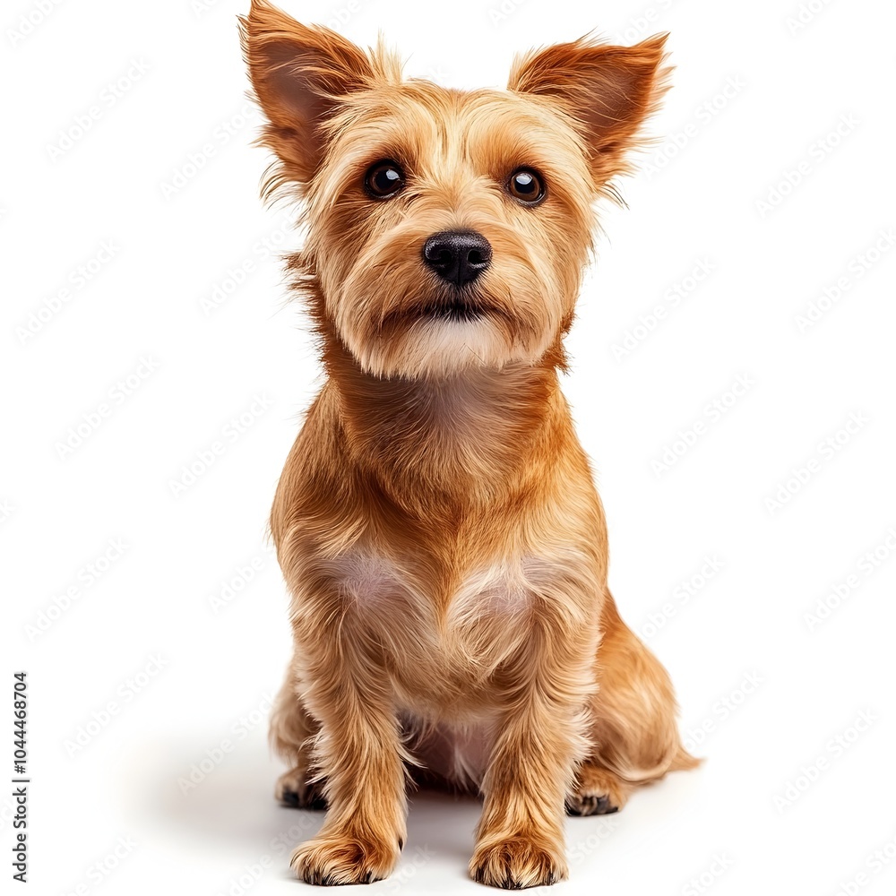 Adorable Yorkshire Terrier Puppy Sitting Against White Background