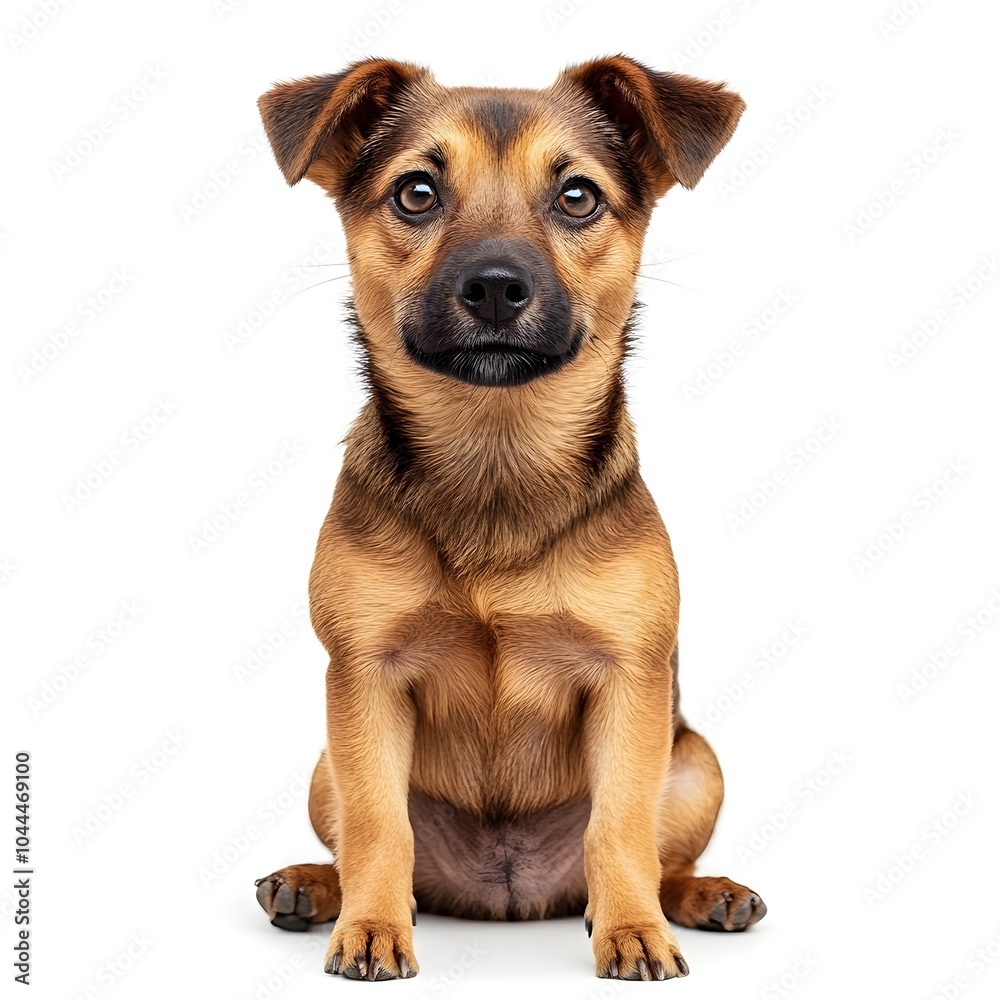 Close up portrait of an alert and friendly brown and tan purebred dog sitting against a white background Close up portrait of an alert and friendly brown and tan purebred dog sitting against a white background
