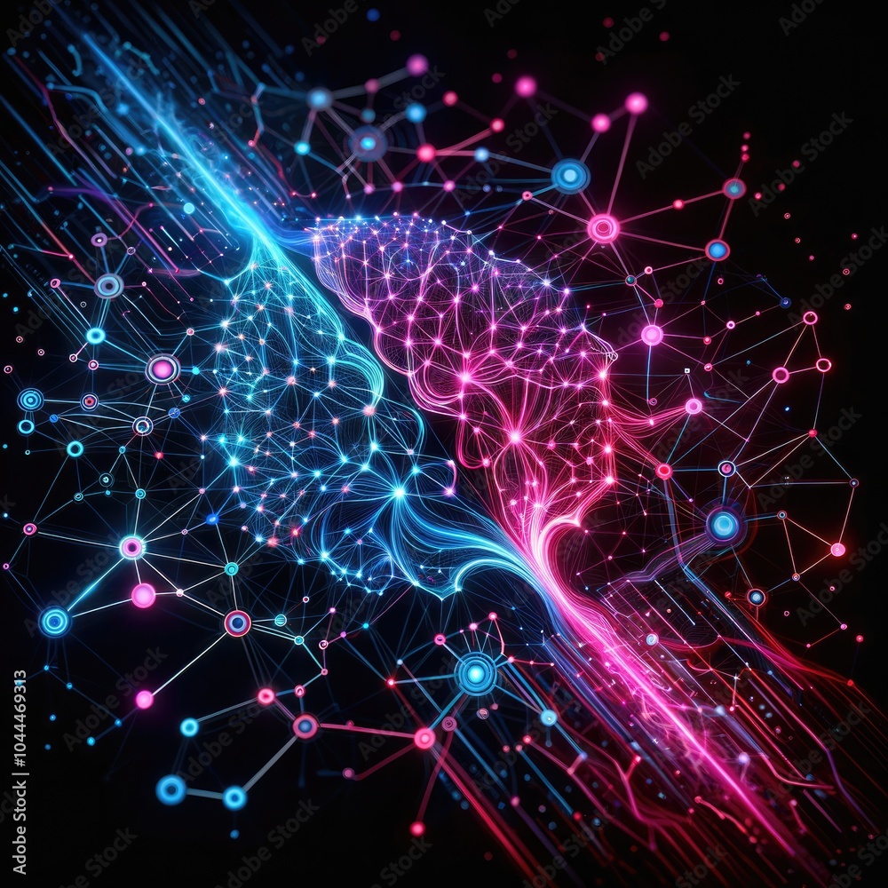 Abstract Neural Network Visualization: Interconnected Nodes and Lines Representing Artificial Intelligence, Neural Pathways, Deep Learning, and Data Flow in a High-Tech Design Abstract Neural Network Visualization: Interconnected Nodes and Lines Representing Artificial Intelligence, Neural Pathways, Deep Learning, and Data Flow in a High-Tech Design