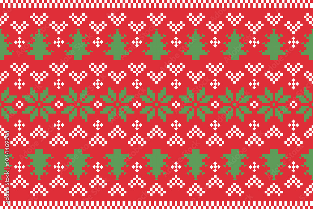 Christmas and New Year Seamless Pattern .White Snowflakes and Christmas Trees on Red Pixel Design for Winter Hats, Jumpers, Sweaters, Wrapping, Fabric, Borders, Carpets, Blankets, Towels. Christmas and New Year Seamless Pattern .White Snowflakes and Christmas Trees on Red Pixel Design for Winter Hats, Jumpers, Sweaters, Wrapping, Fabric, Borders, Carpets, Blankets, Towels.
