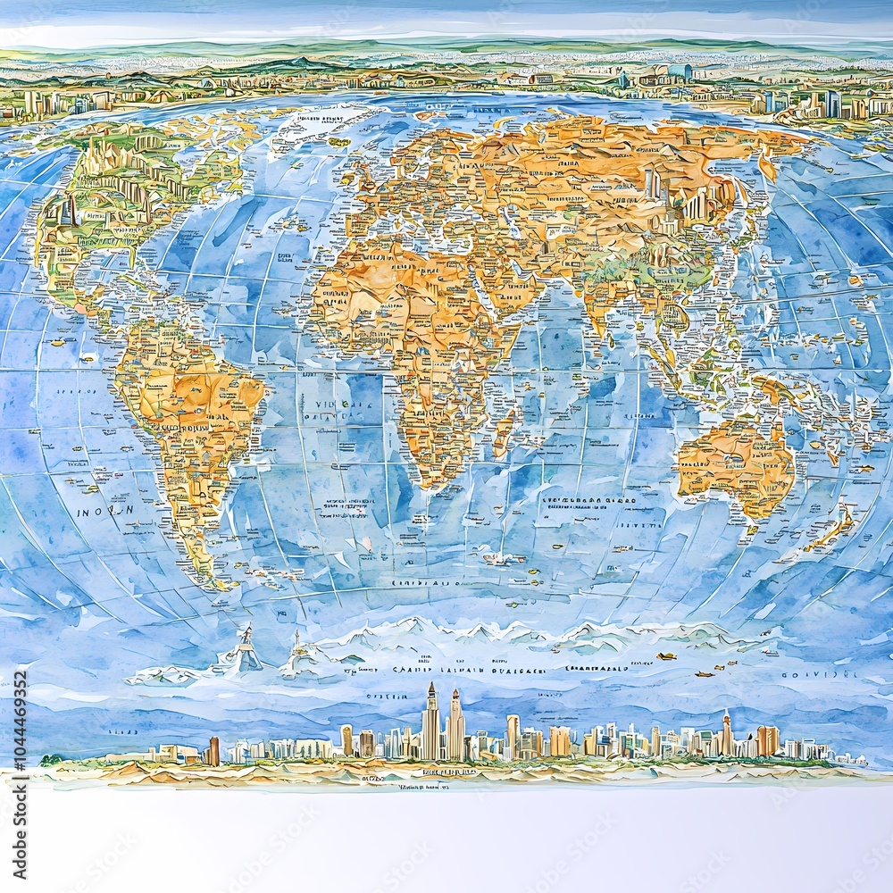Naklejka premium Colorful Watercolor World Map for Travel Enthusiasts