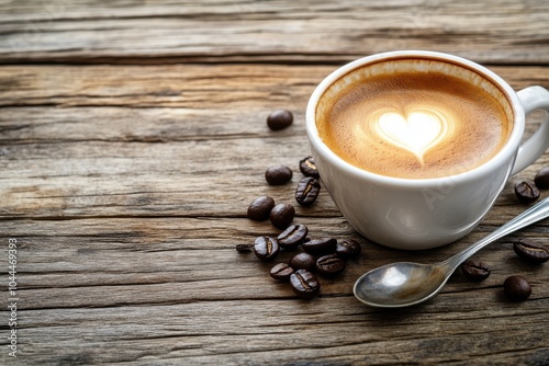 A steaming cup of freshly brewed espresso placed on a rustic wooden table, with a spoon and coffee beans scattered around, leaving ample blank space for commercial text overlay