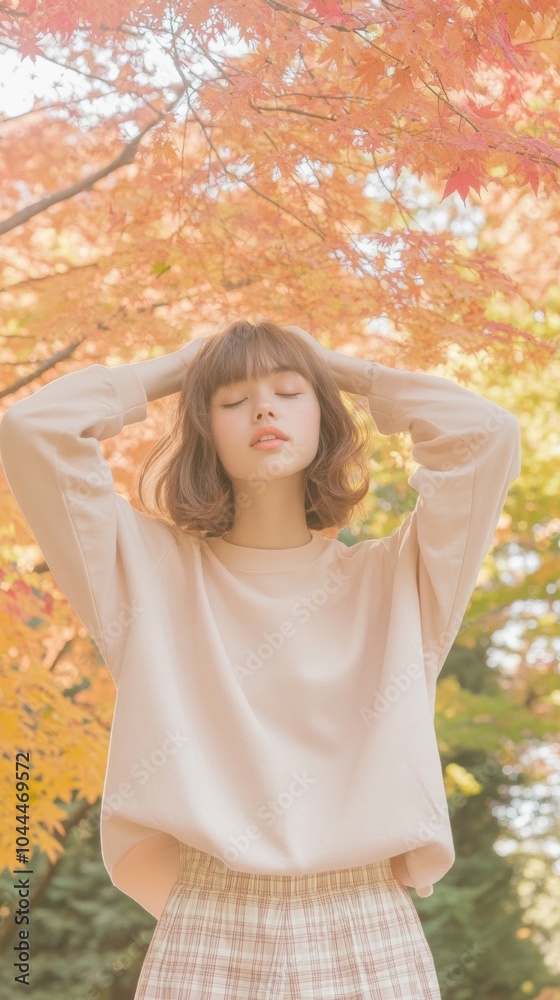 Asian Teenage Girl in Plaid Skirt Embracing Autumn Vibes Under Colorful Fall Trees Asian Teenage Girl in Plaid Skirt Embracing Autumn Vibes Under Colorful Fall Trees