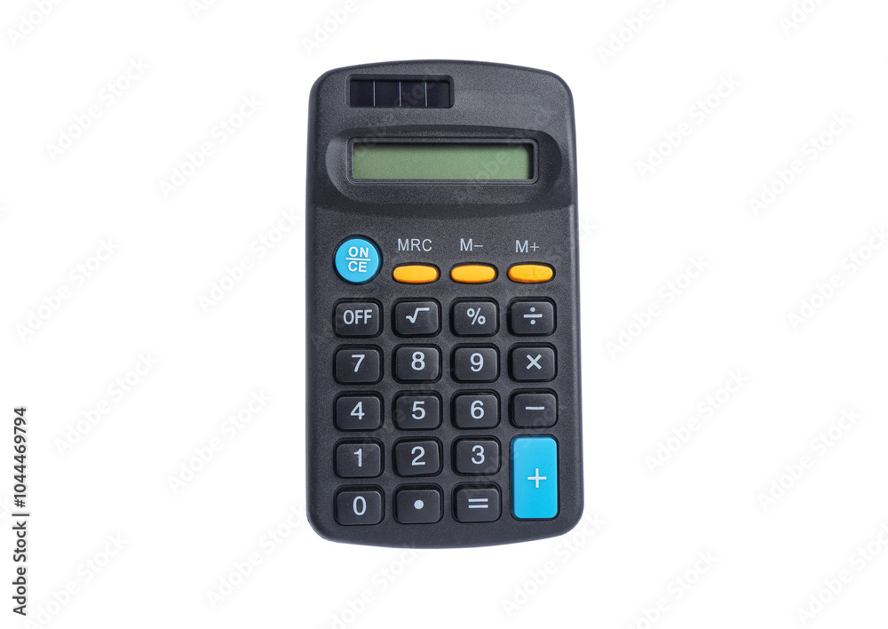 A black calculator isolated on white background with clipping path. A black calculator isolated on white background with clipping path.