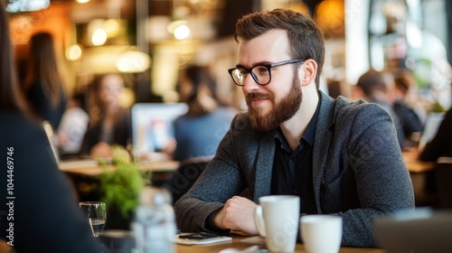 A man in glasses engages in conversation at a café, surrounded by a lively atmosphere.