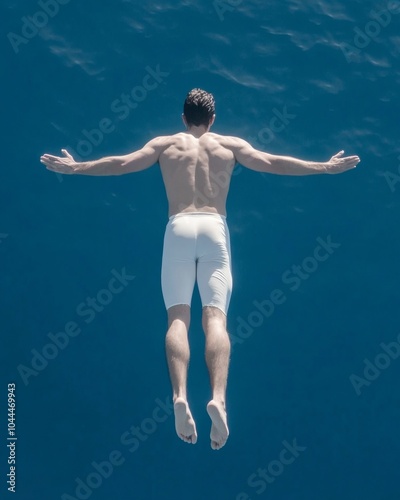 Wallpaper Mural Athletic Man Mid-Dive in Tranquil Blue Water Captured from Above in Minimalist Aesthetic Torontodigital.ca