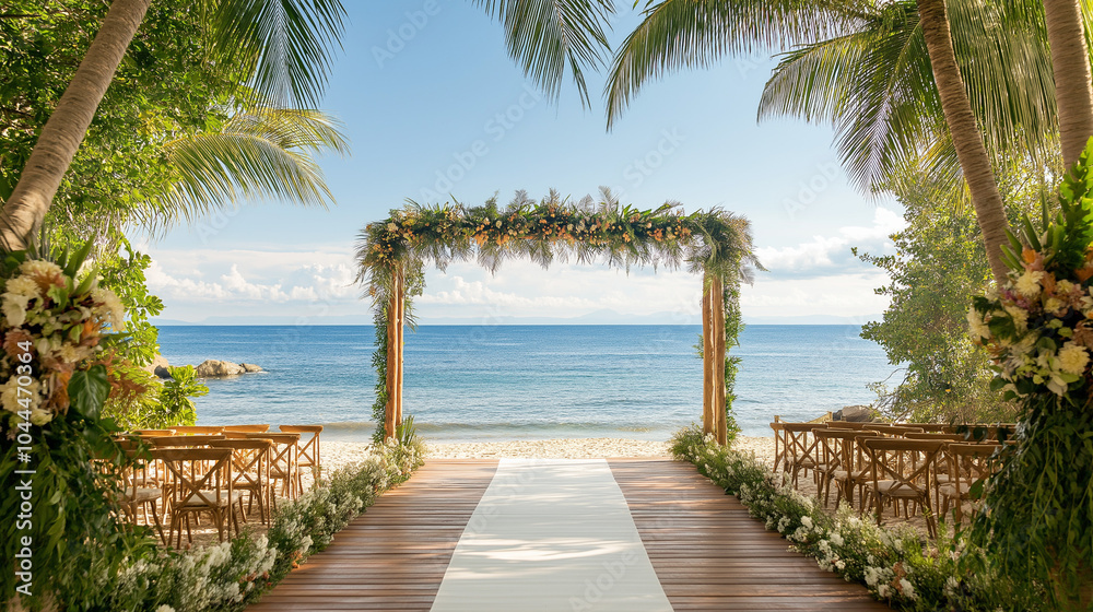 Obraz premium A beachfront wedding venue, with an aisle leading to the ocean and a floral arch under the sun