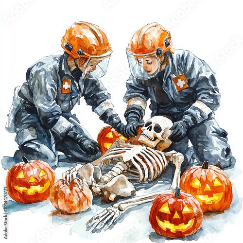 Two kids in firefighter costumes playfully dress a skeleton amidst carved pumpkins, capturing Halloween spirit and fun.