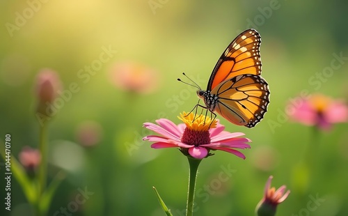 Butterfly on pink zinnia flower in nature background.