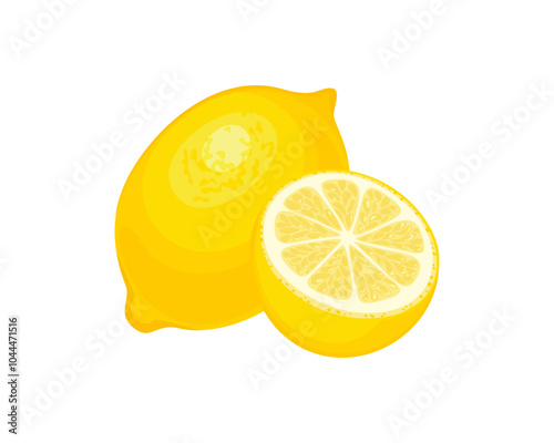 Lemon fruit whole and half isolated on white. Vector cartoon illustration of fresh citrus.