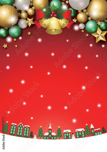 クリスマス背景、街並み、オーナメント、赤、縦、雪、かわいい、イラスト