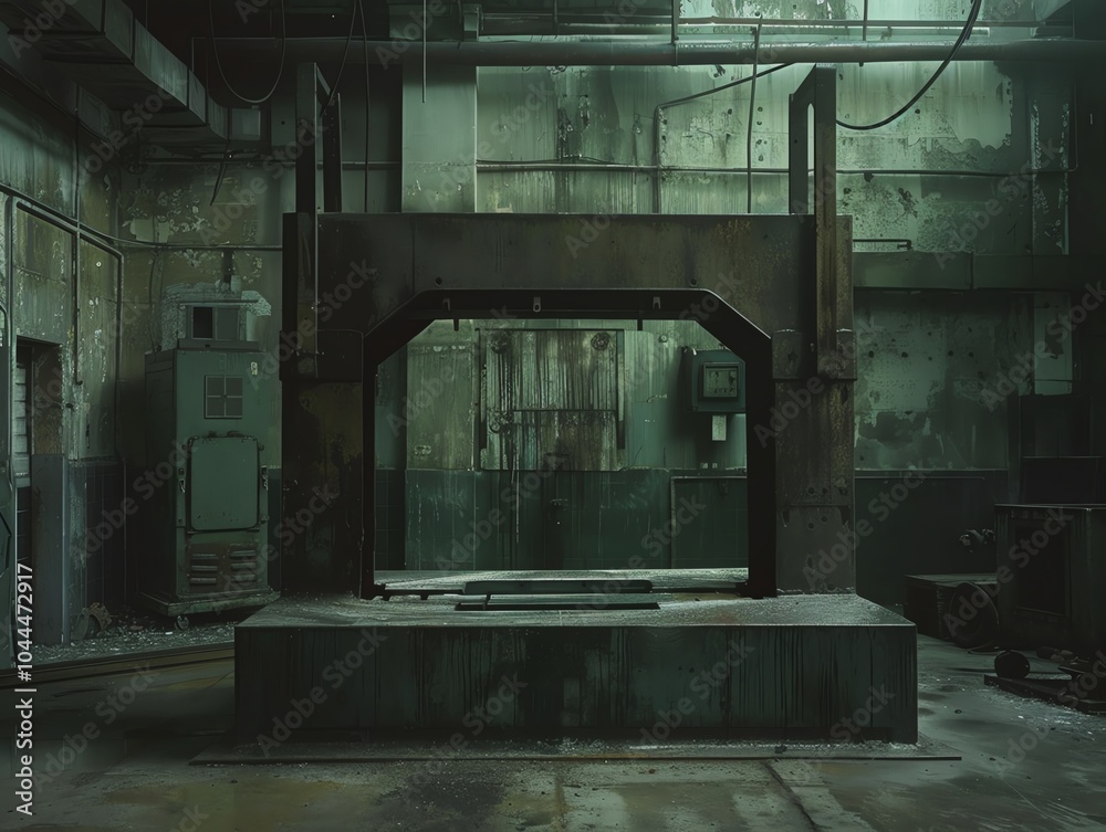 A bending machine in a dark, industrial setting A bending machine in a dark, industrial setting