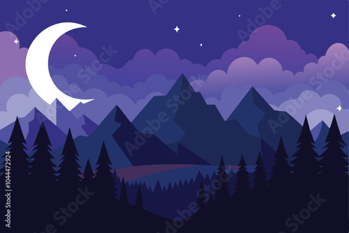 Beautiful dramatic night over forest with moon and hills background