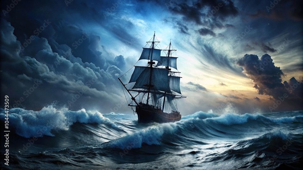 Obraz premium Sail ship silhouette braving stormy sea night