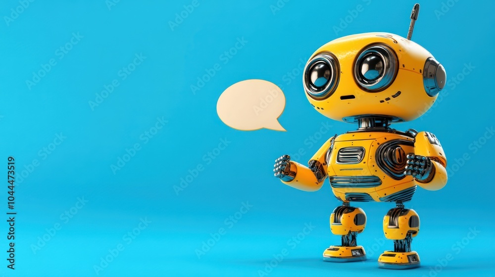 A cute yellow robot with large eyes and a speech bubble, suggesting conversation or interaction. A cute yellow robot with large eyes and a speech bubble, suggesting conversation or interaction.