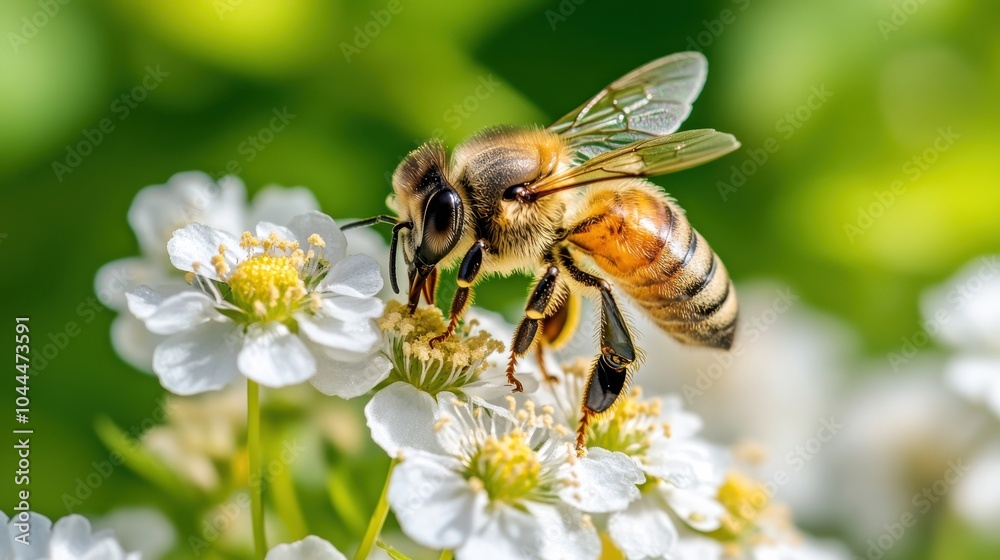 Closeup of honey bee collecting pollen and nectar on white blooming flower in nature against green dandelion background. Closeup of honey bee collecting pollen and nectar on white blooming flower in nature against green dandelion background.