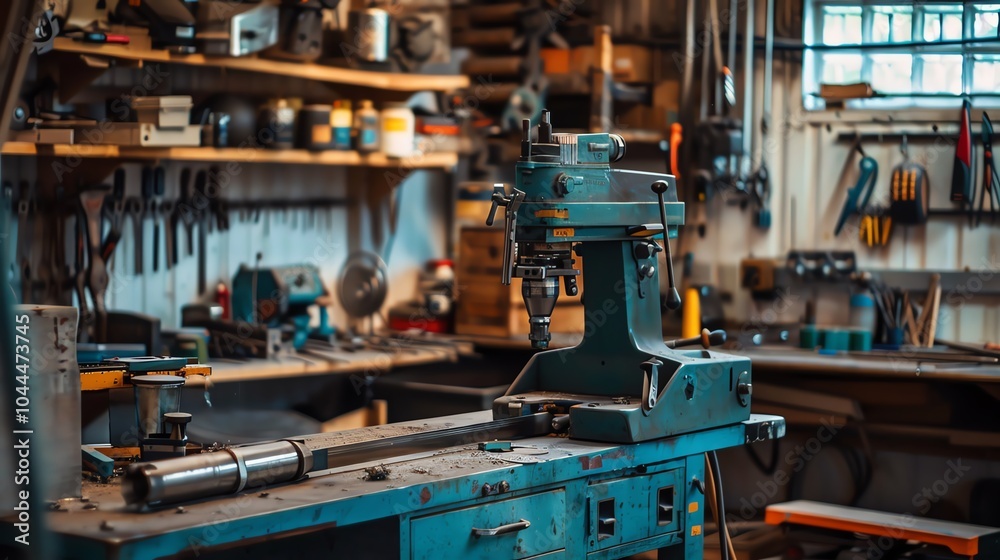 A bending machine in a workshop with other metalworking tools A bending machine in a workshop with other metalworking tools
