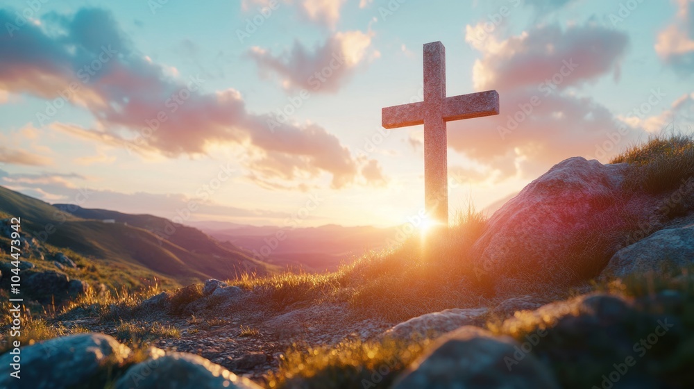 Obraz premium A serene landscape featuring a cross at sunset, symbolizing faith and reflection.