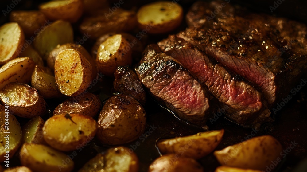 Closeup of Seared Steak and Roasted Potatoes Closeup of Seared Steak and Roasted Potatoes