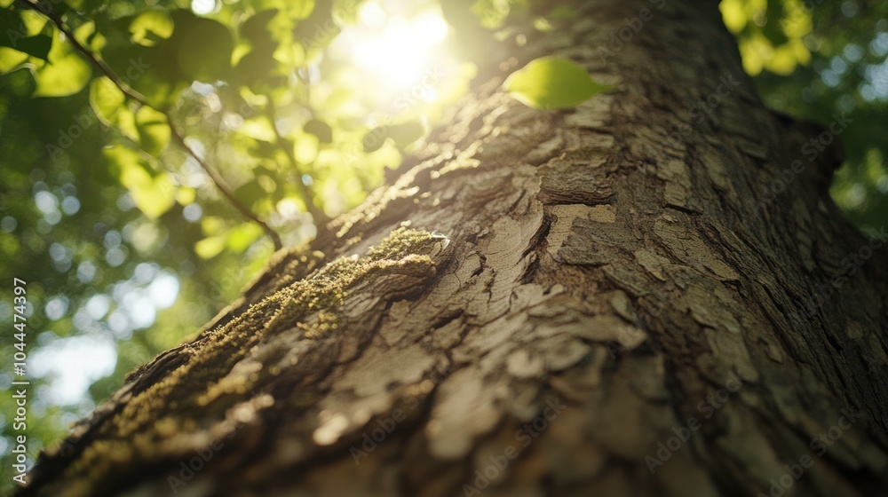 A close-up view of a tree trunk with sunlight filtering through the leaves. A close-up view of a tree trunk with sunlight filtering through the leaves.