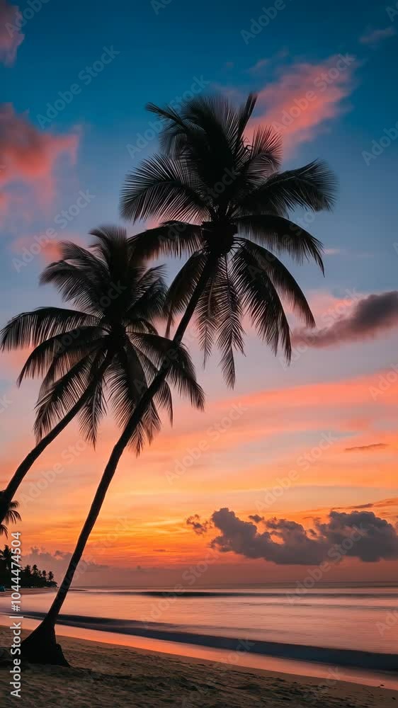 Tropical beach with palm trees at sunset, scenic view. Relaxation and tranquility concept Tropical beach with palm trees at sunset, scenic view. Relaxation and tranquility concept