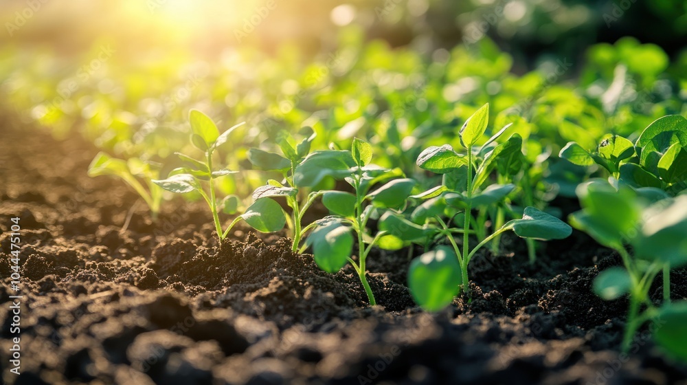 Green seedlings growing in rich soil under sunlight, symbolizing growth and agriculture.