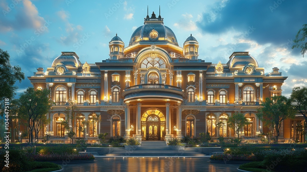 Fototapeta premium A grand, illuminated mansion showcasing elegant architectural design.