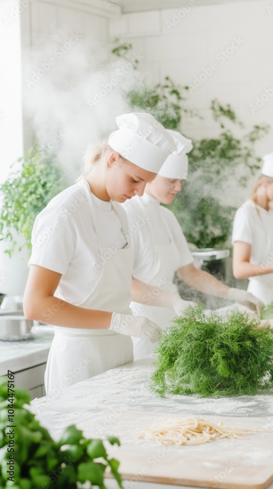 Diverse Young Cooks Mastering Pasta Recipes with Smart Technology in a Futuristic Kitchen Diverse Young Cooks Mastering Pasta Recipes with Smart Technology in a Futuristic Kitchen