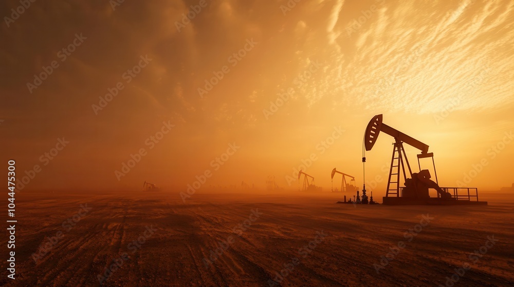 A deserted oil field with flags of sanctioned nations, symbolizing trade embargoes and their effect on energy markets, [Trade Embargo], [Oil Crisis], ,