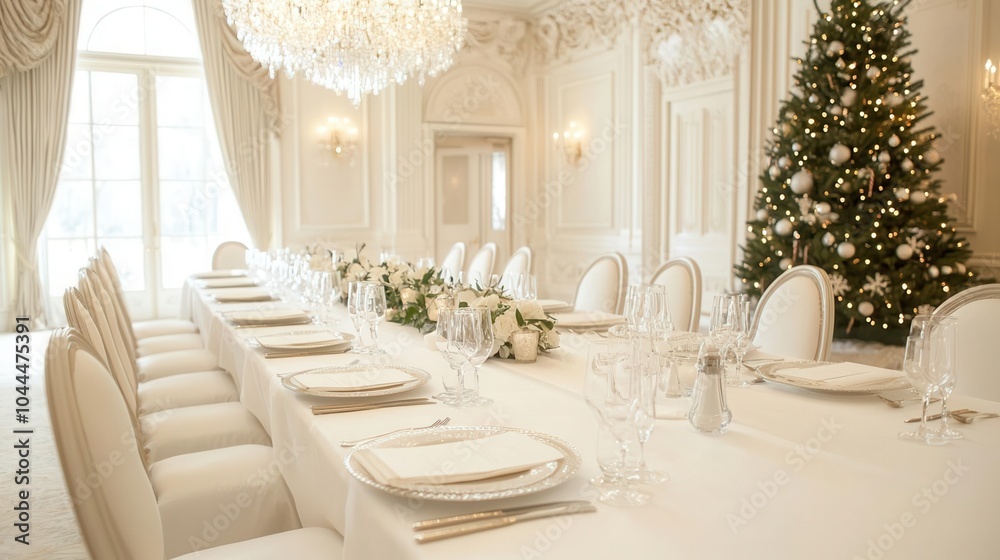 Elegant formal dining room with crystal chandeliers