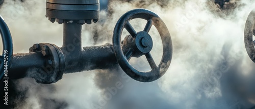 A close-up of industrial pipes and valves releasing steam, showcasing a blend of machinery and environmental effects. photo