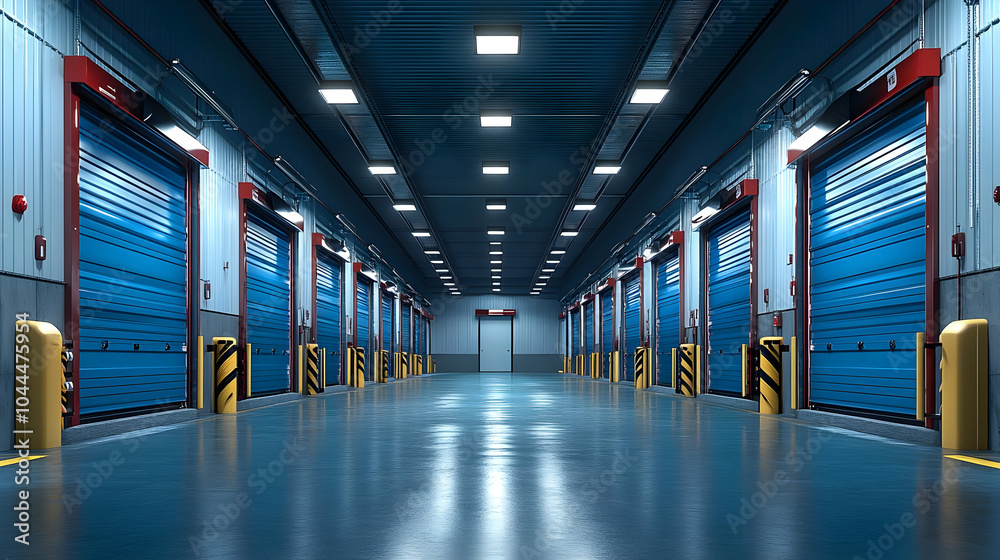 Fototapeta premium 3D Render of an Empty Industrial Loading Dock with Blue Doors
