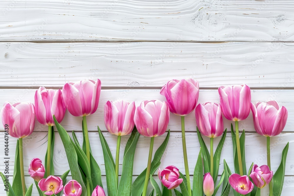 Pink Tulips on White Wooden Background Pink Tulips on White Wooden Background