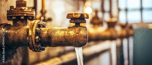 A close-up of a rusty pipe with water flowing, highlighting the industrial design and texture of the metal in a vintage setting.