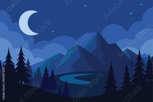 Beautiful dramatic night over forest with moon and hills background