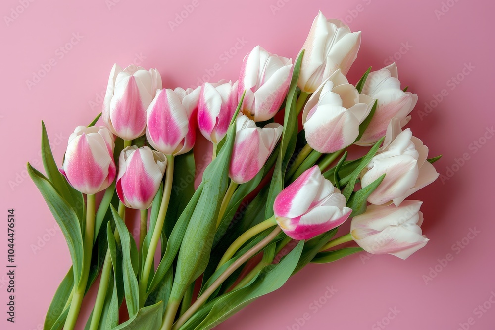 Fototapeta premium Pink and White Tulips Bouquet on Pink Background
