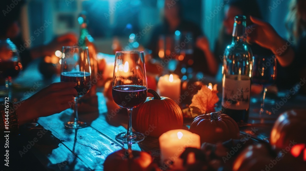 A cozy gathering with drinks, candles, and pumpkins, creating a warm, festive atmosphere. A cozy gathering with drinks, candles, and pumpkins, creating a warm, festive atmosphere.