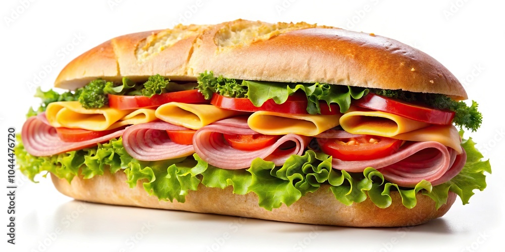 Sandwich filled with ham cheese tomato and lettuce on long bread roll Sandwich filled with ham cheese tomato and lettuce on long bread roll