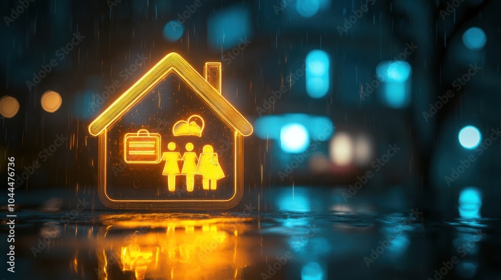 An illuminated house icon with figures, symbolizing community and home, set in a rainy backdrop.