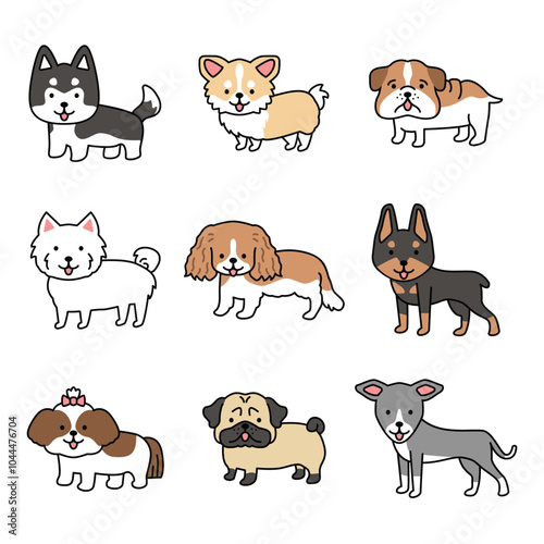 Various dog breeds cute puppy illustration japanese style minimalist simple flat vector design element bundle happy smiling pet owner drawing
