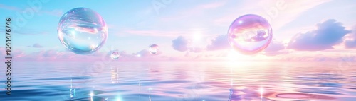 Dreamy iridescent bubbles float above a calm, colorful sea.