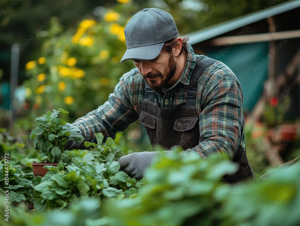 Man gardening in a backyard garden. Cultivating plants and enjoying nature. Gardening hobby concept. Ideal for promoting gardening tools and supplies