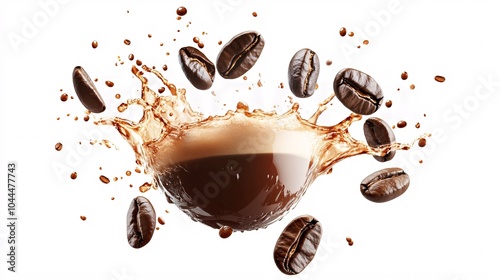 A brown hot coffee  splash with roasted beans offers a caffeinated morning break